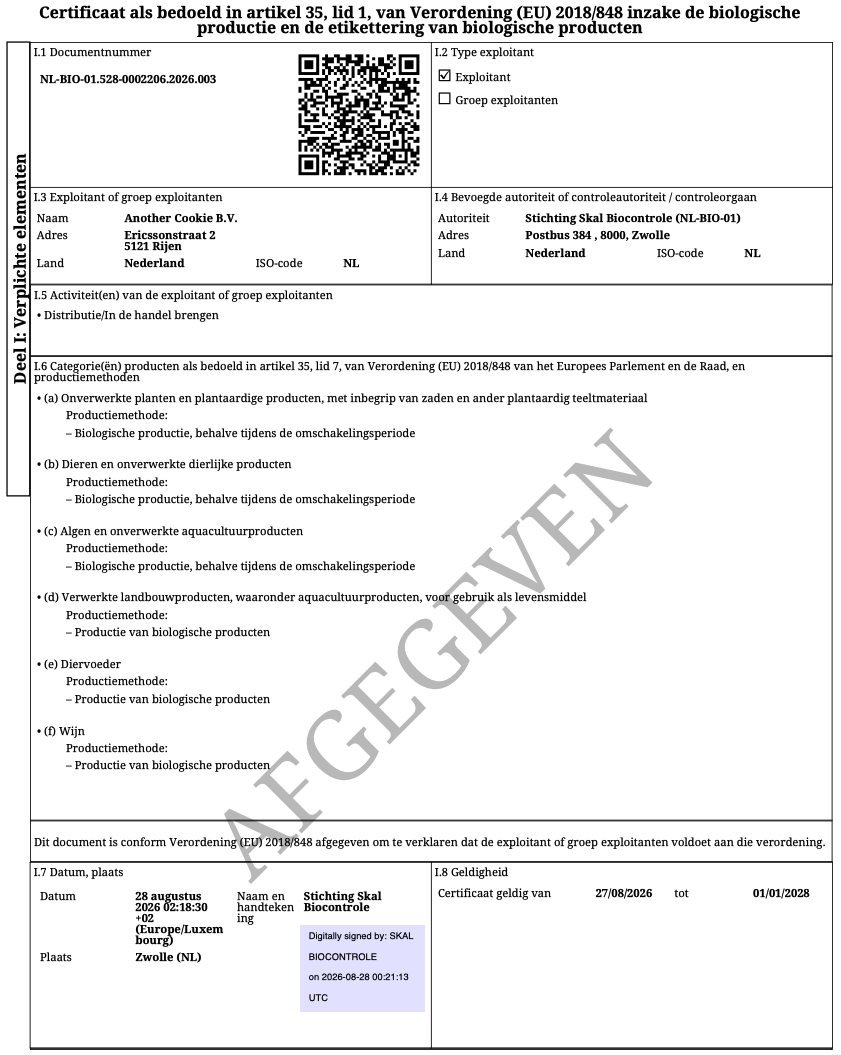 SKAL Certificaat Another Cookie 2026-2027 pagina 1